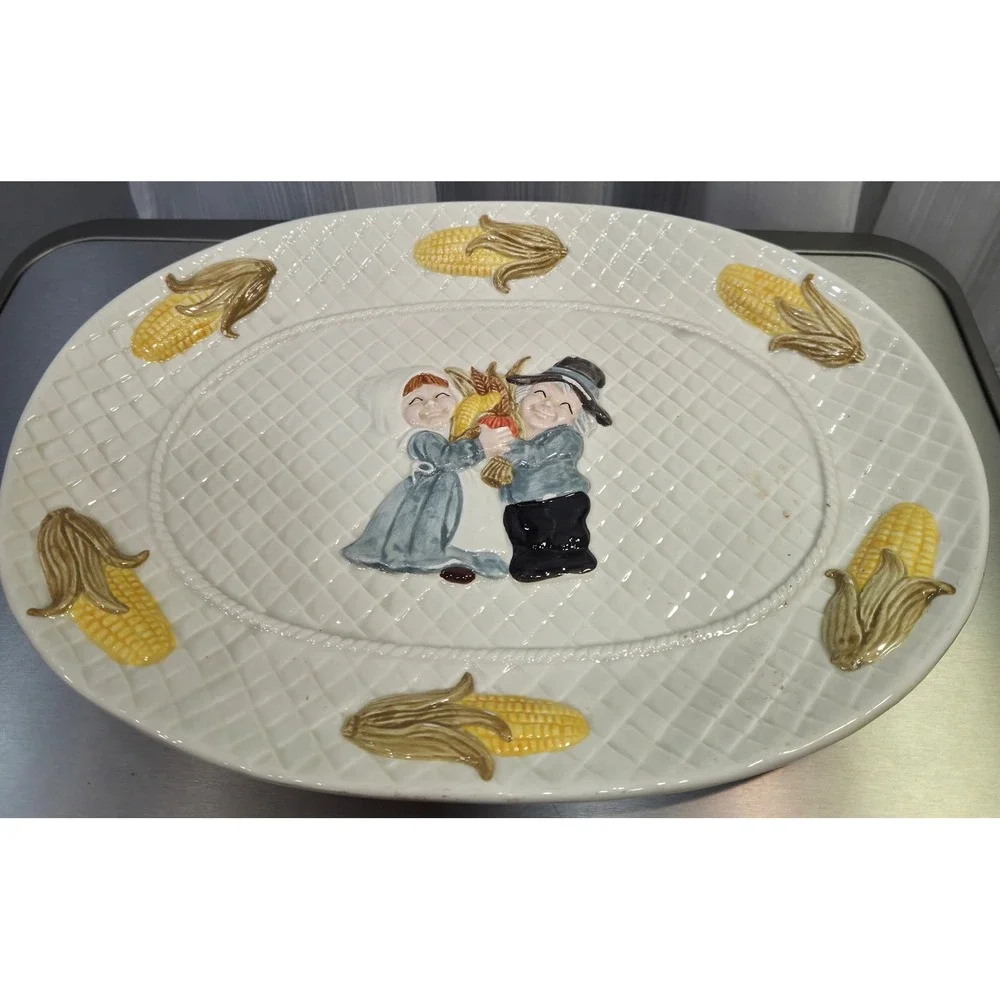 Vintage Thanksgiving Ceramic Serving Platter Pilgrim Harvest Corn Oval Platter